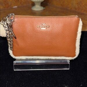 Coach Leather & Shearling Trimmed Wristlet